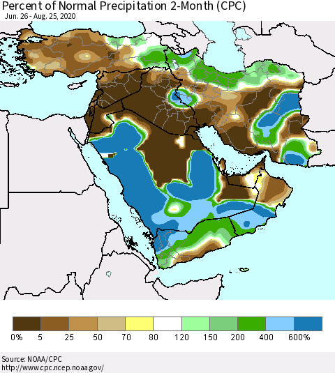 Middle East and Turkey Percent of Normal Precipitation 2-Month (CPC) Thematic Map For 6/26/2020 - 8/25/2020