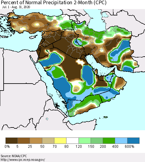 Middle East and Turkey Percent of Normal Precipitation 2-Month (CPC) Thematic Map For 7/1/2020 - 8/31/2020
