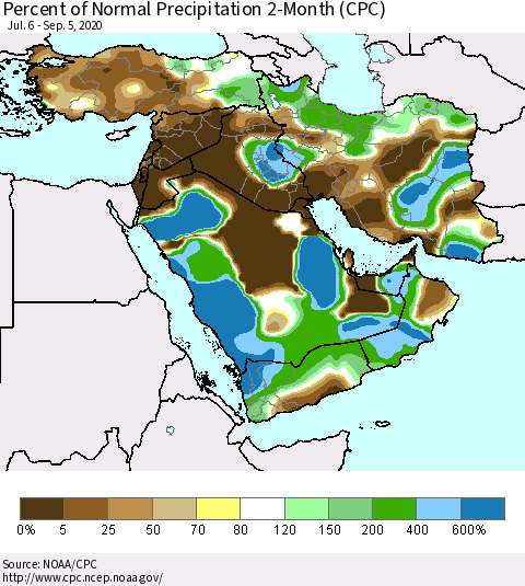 Middle East and Turkey Percent of Normal Precipitation 2-Month (CPC) Thematic Map For 7/6/2020 - 9/5/2020