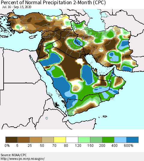 Middle East and Turkey Percent of Normal Precipitation 2-Month (CPC) Thematic Map For 7/16/2020 - 9/15/2020