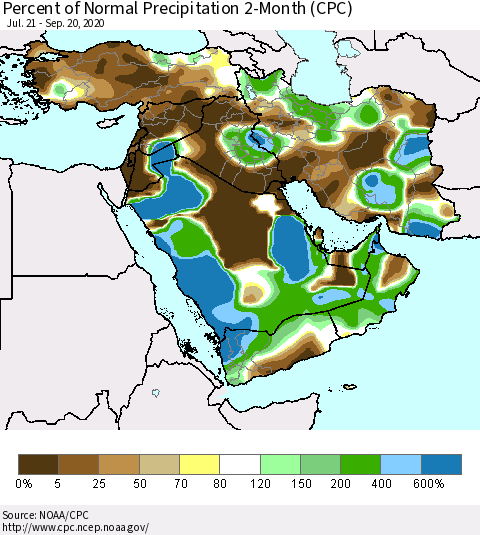 Middle East and Turkey Percent of Normal Precipitation 2-Month (CPC) Thematic Map For 7/21/2020 - 9/20/2020