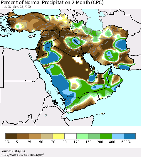 Middle East and Turkey Percent of Normal Precipitation 2-Month (CPC) Thematic Map For 7/26/2020 - 9/25/2020
