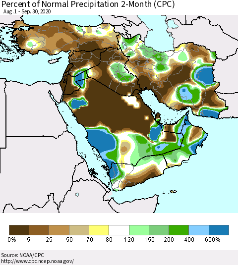 Middle East and Turkey Percent of Normal Precipitation 2-Month (CPC) Thematic Map For 8/1/2020 - 9/30/2020