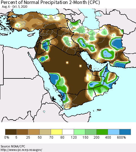 Middle East and Turkey Percent of Normal Precipitation 2-Month (CPC) Thematic Map For 8/6/2020 - 10/5/2020