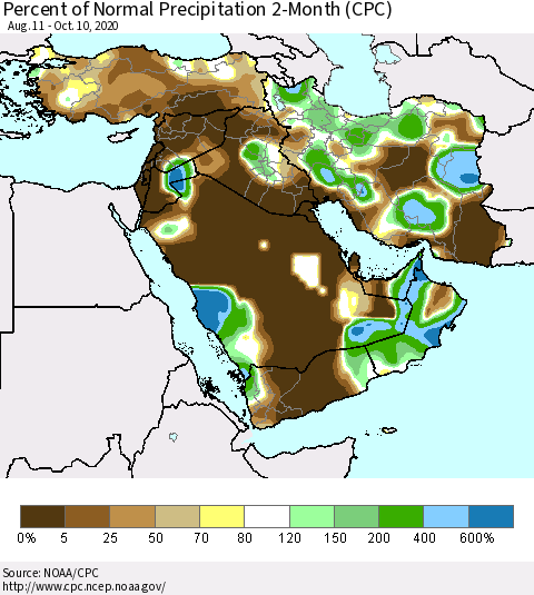 Middle East and Turkey Percent of Normal Precipitation 2-Month (CPC) Thematic Map For 8/11/2020 - 10/10/2020
