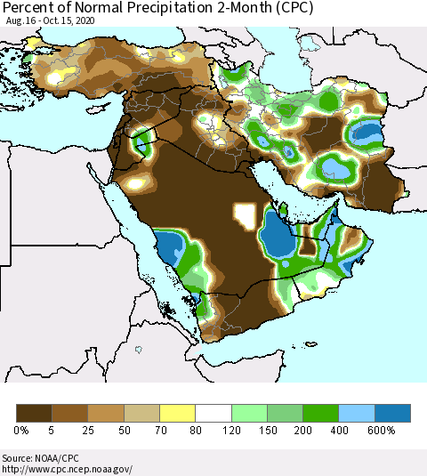 Middle East and Turkey Percent of Normal Precipitation 2-Month (CPC) Thematic Map For 8/16/2020 - 10/15/2020