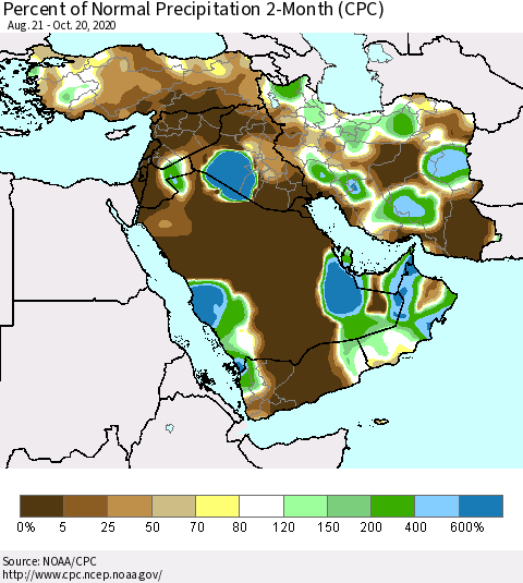 Middle East and Turkey Percent of Normal Precipitation 2-Month (CPC) Thematic Map For 8/21/2020 - 10/20/2020