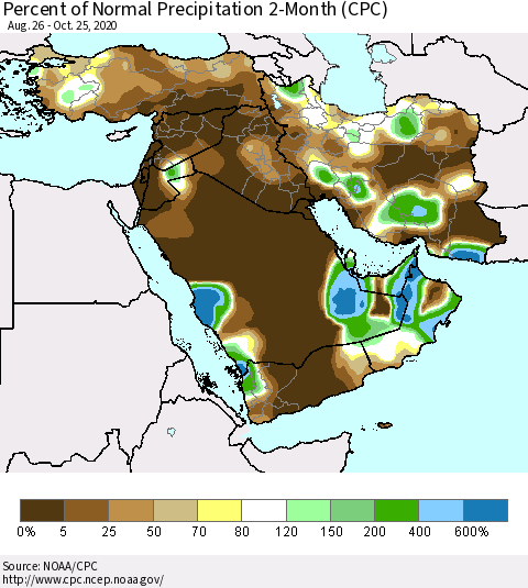 Middle East and Turkey Percent of Normal Precipitation 2-Month (CPC) Thematic Map For 8/26/2020 - 10/25/2020
