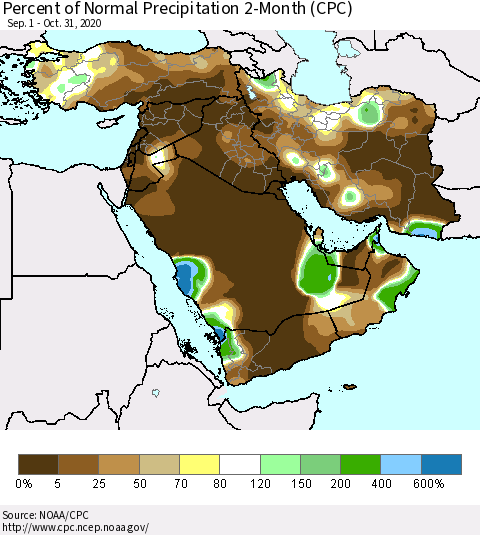 Middle East and Turkey Percent of Normal Precipitation 2-Month (CPC) Thematic Map For 9/1/2020 - 10/31/2020