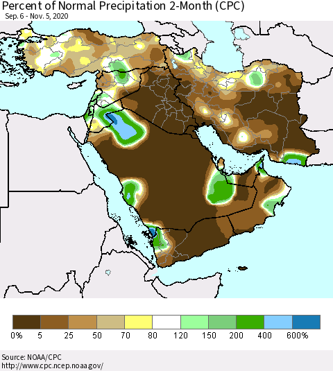 Middle East and Turkey Percent of Normal Precipitation 2-Month (CPC) Thematic Map For 9/6/2020 - 11/5/2020