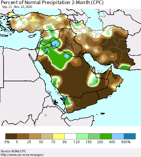 Middle East and Turkey Percent of Normal Precipitation 2-Month (CPC) Thematic Map For 9/11/2020 - 11/10/2020