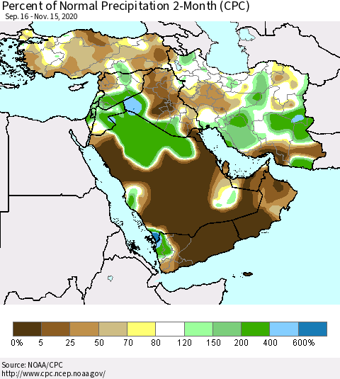 Middle East and Turkey Percent of Normal Precipitation 2-Month (CPC) Thematic Map For 9/16/2020 - 11/15/2020