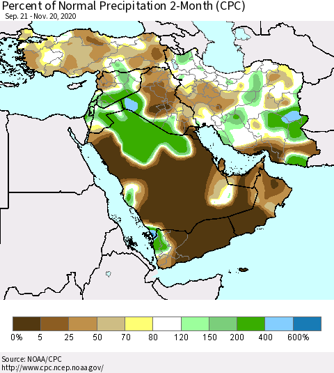 Middle East and Turkey Percent of Normal Precipitation 2-Month (CPC) Thematic Map For 9/21/2020 - 11/20/2020
