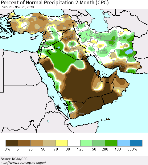 Middle East and Turkey Percent of Normal Precipitation 2-Month (CPC) Thematic Map For 9/26/2020 - 11/25/2020