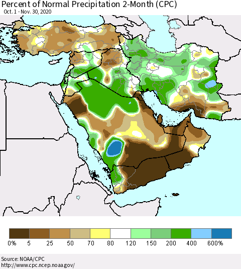 Middle East and Turkey Percent of Normal Precipitation 2-Month (CPC) Thematic Map For 10/1/2020 - 11/30/2020