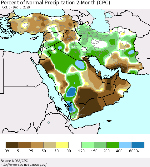 Middle East and Turkey Percent of Normal Precipitation 2-Month (CPC) Thematic Map For 10/6/2020 - 12/5/2020