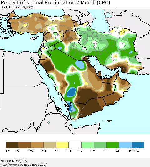 Middle East and Turkey Percent of Normal Precipitation 2-Month (CPC) Thematic Map For 10/11/2020 - 12/10/2020