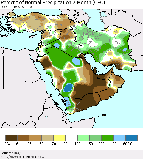Middle East and Turkey Percent of Normal Precipitation 2-Month (CPC) Thematic Map For 10/16/2020 - 12/15/2020