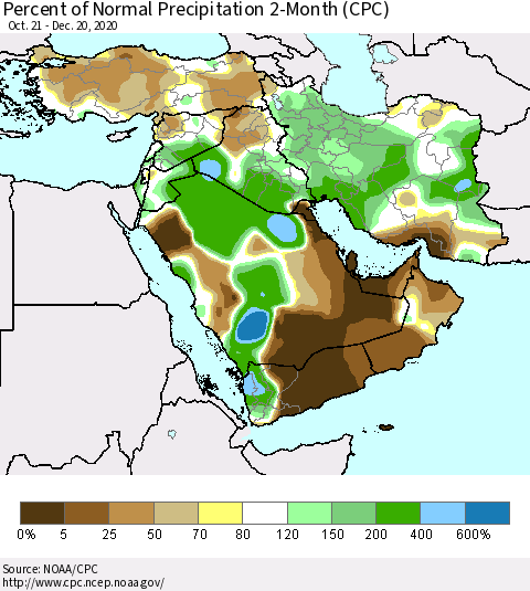 Middle East and Turkey Percent of Normal Precipitation 2-Month (CPC) Thematic Map For 10/21/2020 - 12/20/2020