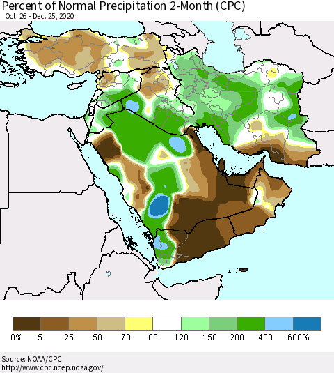 Middle East and Turkey Percent of Normal Precipitation 2-Month (CPC) Thematic Map For 10/26/2020 - 12/25/2020