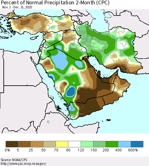 Middle East and Turkey Percent of Normal Precipitation 2-Month (CPC) Thematic Map For 11/1/2020 - 12/31/2020