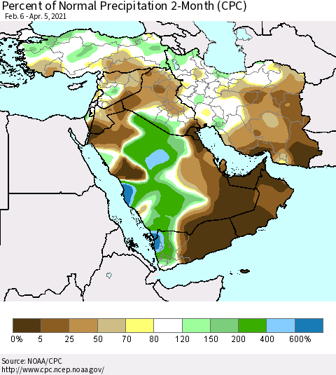 Middle East and Turkey Percent of Normal Precipitation 2-Month (CPC) Thematic Map For 2/6/2021 - 4/5/2021