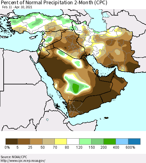 Middle East and Turkey Percent of Normal Precipitation 2-Month (CPC) Thematic Map For 2/11/2021 - 4/10/2021