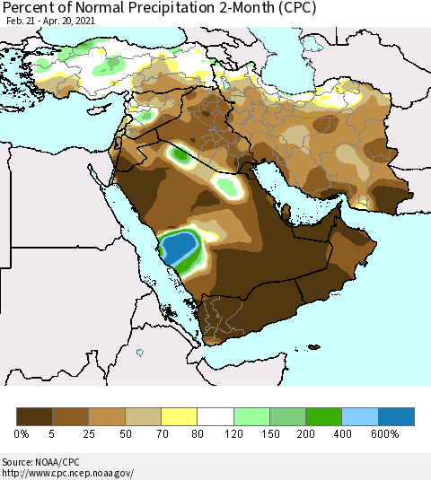 Middle East and Turkey Percent of Normal Precipitation 2-Month (CPC) Thematic Map For 2/21/2021 - 4/20/2021