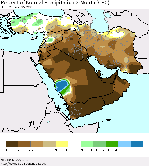 Middle East and Turkey Percent of Normal Precipitation 2-Month (CPC) Thematic Map For 2/26/2021 - 4/25/2021