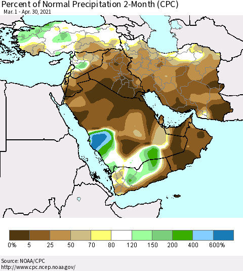 Middle East and Turkey Percent of Normal Precipitation 2-Month (CPC) Thematic Map For 3/1/2021 - 4/30/2021