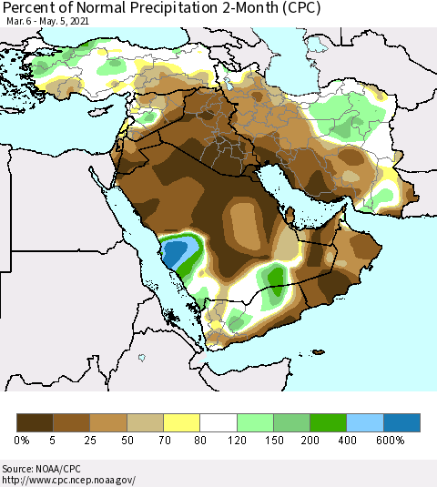 Middle East and Turkey Percent of Normal Precipitation 2-Month (CPC) Thematic Map For 3/6/2021 - 5/5/2021