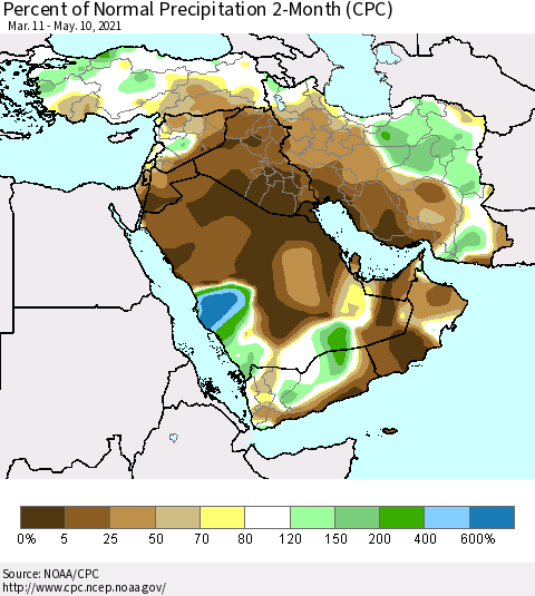 Middle East and Turkey Percent of Normal Precipitation 2-Month (CPC) Thematic Map For 3/11/2021 - 5/10/2021
