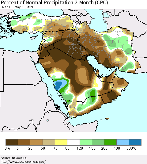 Middle East and Turkey Percent of Normal Precipitation 2-Month (CPC) Thematic Map For 3/16/2021 - 5/15/2021