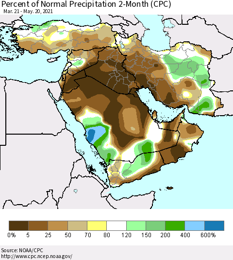 Middle East and Turkey Percent of Normal Precipitation 2-Month (CPC) Thematic Map For 3/21/2021 - 5/20/2021