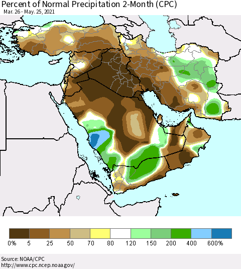 Middle East and Turkey Percent of Normal Precipitation 2-Month (CPC) Thematic Map For 3/26/2021 - 5/25/2021