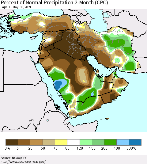 Middle East and Turkey Percent of Normal Precipitation 2-Month (CPC) Thematic Map For 4/1/2021 - 5/31/2021