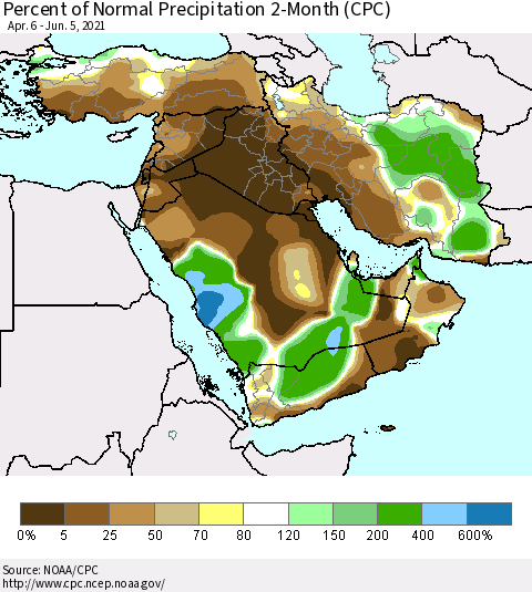 Middle East and Turkey Percent of Normal Precipitation 2-Month (CPC) Thematic Map For 4/6/2021 - 6/5/2021