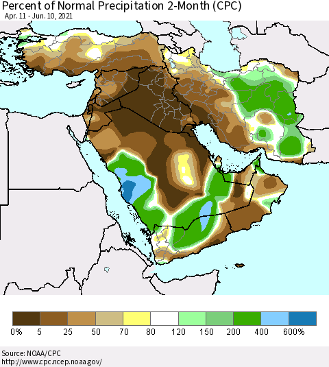 Middle East and Turkey Percent of Normal Precipitation 2-Month (CPC) Thematic Map For 4/11/2021 - 6/10/2021