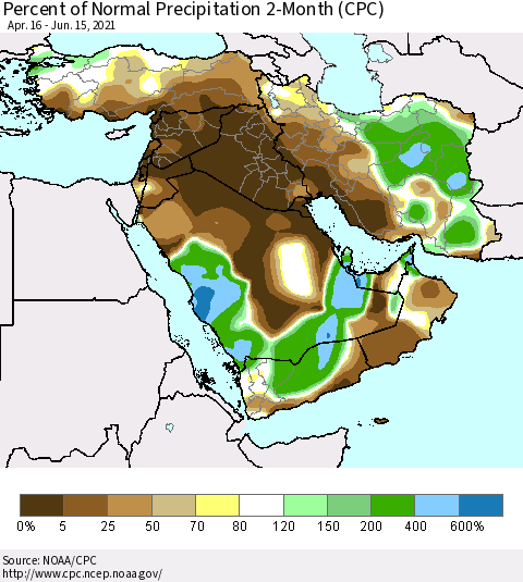 Middle East and Turkey Percent of Normal Precipitation 2-Month (CPC) Thematic Map For 4/16/2021 - 6/15/2021