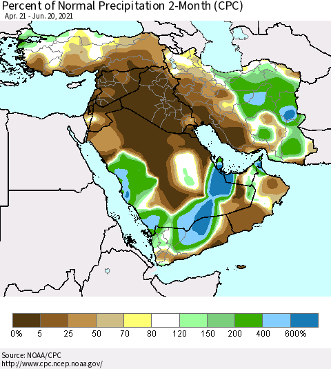Middle East and Turkey Percent of Normal Precipitation 2-Month (CPC) Thematic Map For 4/21/2021 - 6/20/2021