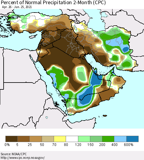 Middle East and Turkey Percent of Normal Precipitation 2-Month (CPC) Thematic Map For 4/26/2021 - 6/25/2021