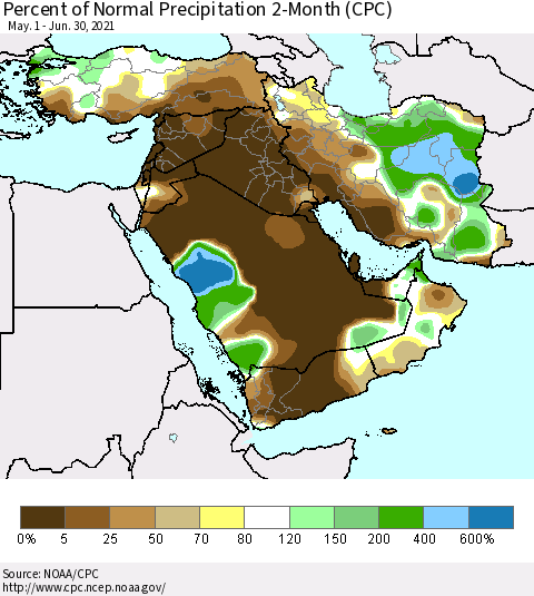 Middle East and Turkey Percent of Normal Precipitation 2-Month (CPC) Thematic Map For 5/1/2021 - 6/30/2021