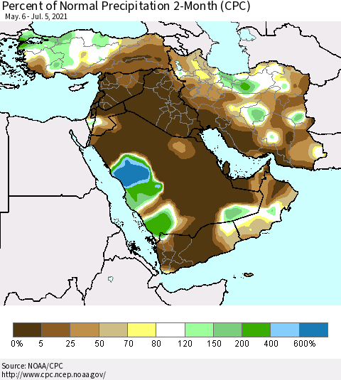 Middle East and Turkey Percent of Normal Precipitation 2-Month (CPC) Thematic Map For 5/6/2021 - 7/5/2021