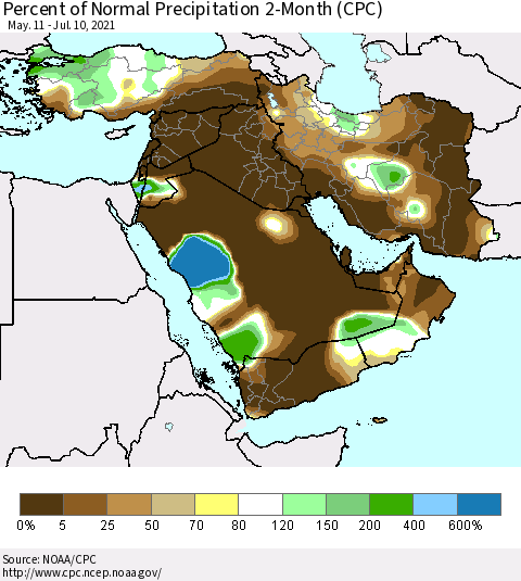 Middle East and Turkey Percent of Normal Precipitation 2-Month (CPC) Thematic Map For 5/11/2021 - 7/10/2021