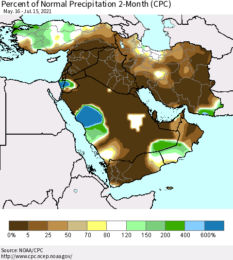Middle East and Turkey Percent of Normal Precipitation 2-Month (CPC) Thematic Map For 5/16/2021 - 7/15/2021