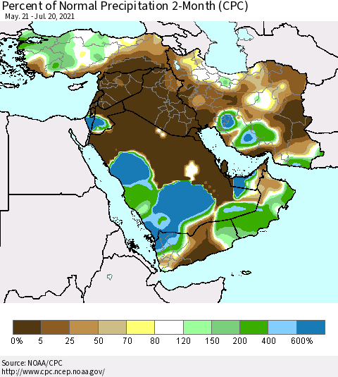 Middle East and Turkey Percent of Normal Precipitation 2-Month (CPC) Thematic Map For 5/21/2021 - 7/20/2021