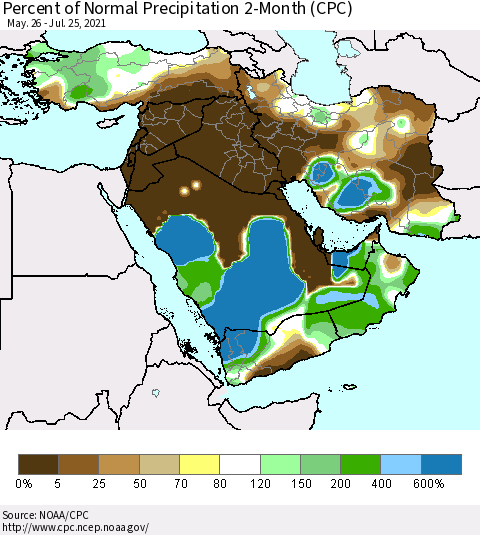 Middle East and Turkey Percent of Normal Precipitation 2-Month (CPC) Thematic Map For 5/26/2021 - 7/25/2021
