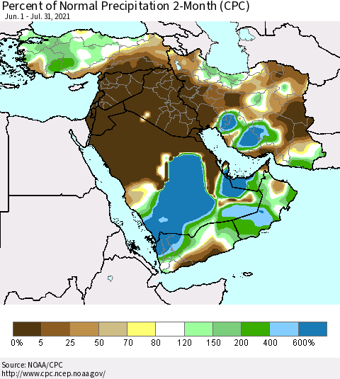 Middle East and Turkey Percent of Normal Precipitation 2-Month (CPC) Thematic Map For 6/1/2021 - 7/31/2021