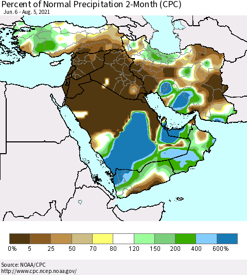 Middle East and Turkey Percent of Normal Precipitation 2-Month (CPC) Thematic Map For 6/6/2021 - 8/5/2021