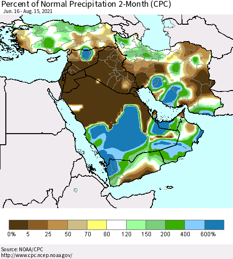 Middle East and Turkey Percent of Normal Precipitation 2-Month (CPC) Thematic Map For 6/16/2021 - 8/15/2021